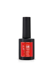 A forward facing short round  bottle filled with 0.5 ounces of EZFlow TruGEL Roxanne nail gel polish